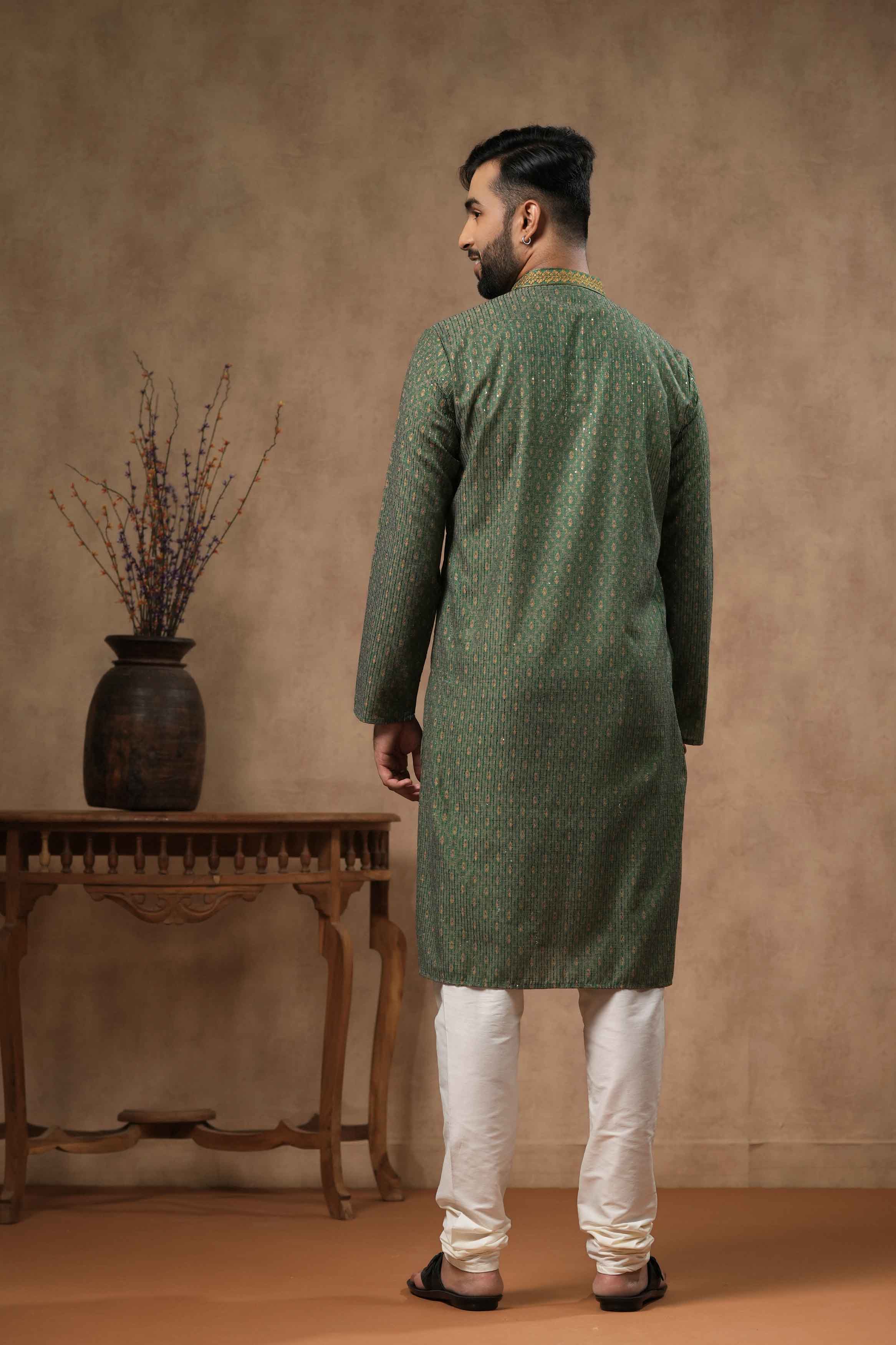 Green Traditional Printed Kurta with Sequence